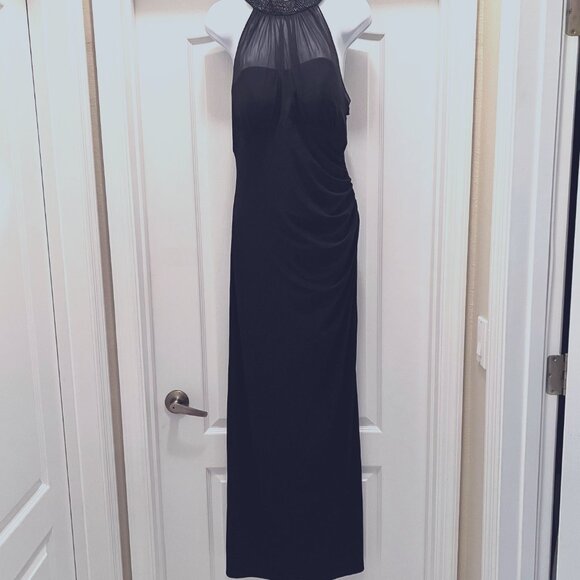 Nightway Collections Beaded Mesh Long Maxi Black Dress-Lined to top of Slit-Sz.1 - Picture 5 of 16